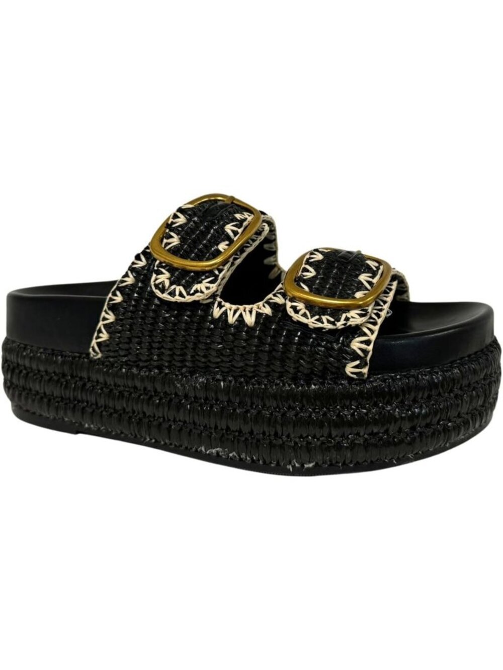 Women's Black Polyurethane Double Buckle Espadrille Wedges Metallic Platform - Picture 1 of 2
